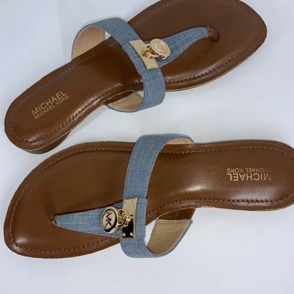 Michael Kors Hamilton Denim/Brown Leather Sandals Size 7.5 - Picture 4 of 6